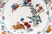 Set of six soup plates in Limoges china by Havilland pattern Golden Quails decorated with couples of quails and roosters, with butterflies and polychromes flowers enhanced with gold photo-7