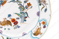 Set of six dessert plates in Limoges china by Haviland pattern Golden Quails decorated with couples of quails and roosters, with butterflies and polychromes flowers enhanced with gold photo-5