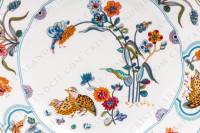 Set of six dinner plates in Limoges china by Haviland pattern Golden Quails decorated with couples of quails and roosters, with butterflies and polychromes flowers enhanced with gold photo-7