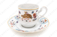 Coffee cup in Limoges china by Haviland pattern Golden Quails decorated with quails and roosters, butterflies and polychromes flowers enhanced with gold photo-2