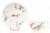 Breakfast set in Limoges china by Bernardaud pattern Condé decorated with polychromes birds of paradise and flowers photo-7